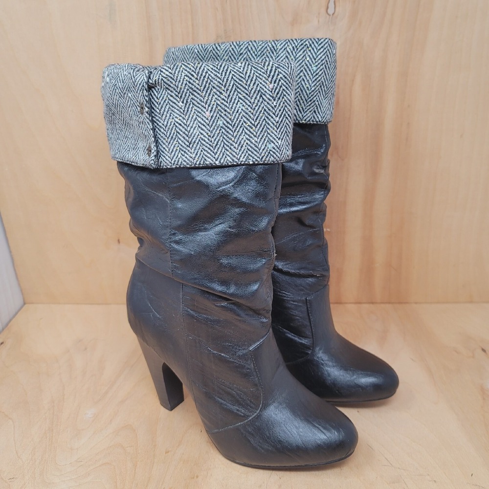 QUPID Women's Boots Size 6.5 Black Knee Hi Roll Down Tweed Pull Ons